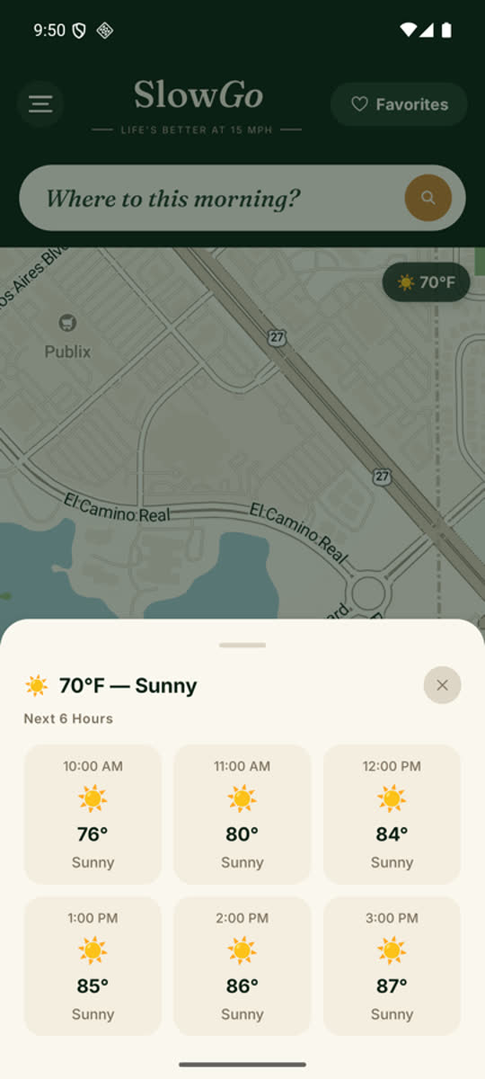 Android emulator, SlowGo 1.4: the weather sheet showing all of the next six hours, sunny, 76 to 87 degrees.