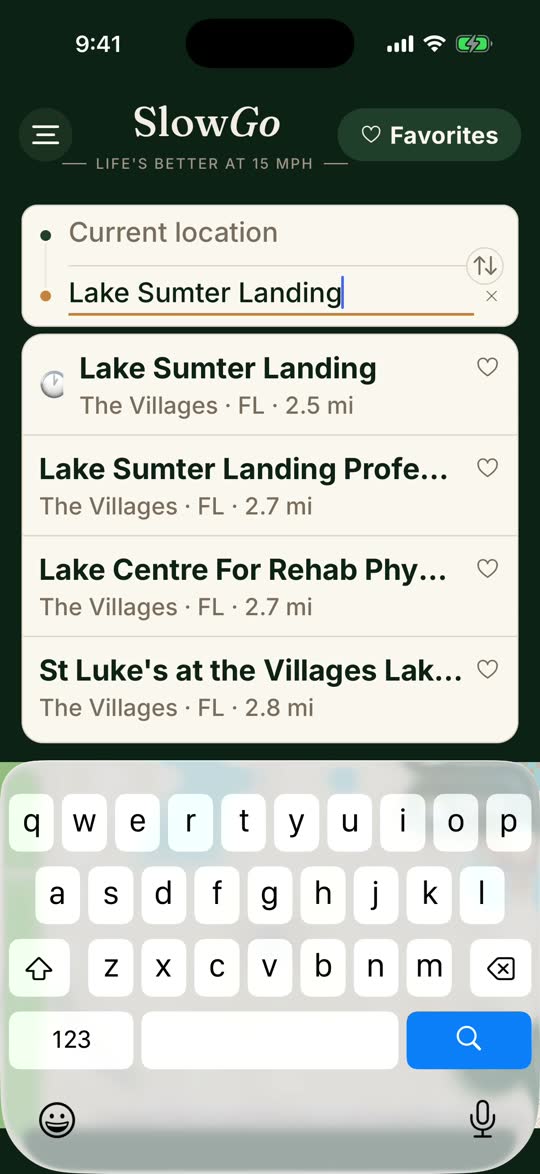 iPhone simulator, SlowGo 1.4: typing Lake Sumter Landing in search, with matching places in The Villages and how far each one is.