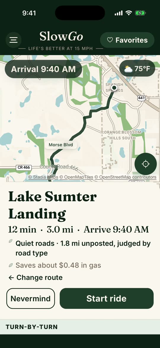 iPhone simulator, SlowGo 1.4: the ride preview for Lake Sumter Landing, 12 minutes, quiet roads, 1.8 miles unposted and judged by road type, with a Start ride button.