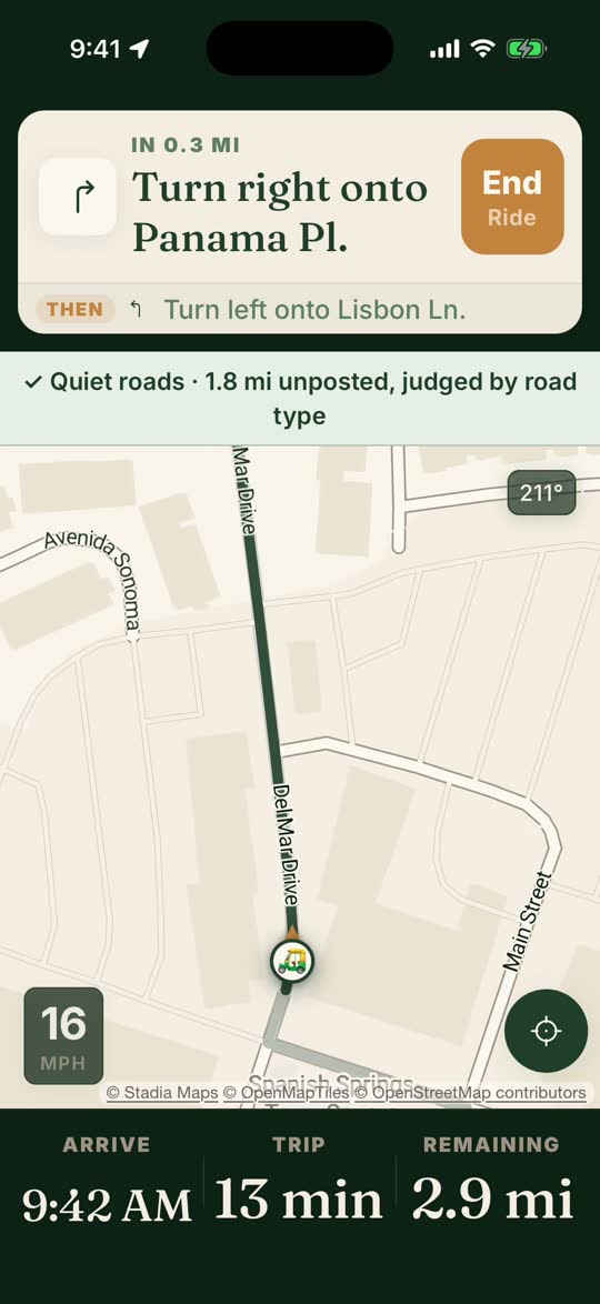 iPhone simulator, SlowGo 1.4: turn-by-turn, 'In 0.3 mi, turn right onto Panama Pl.', with arrival time, trip time and distance left.