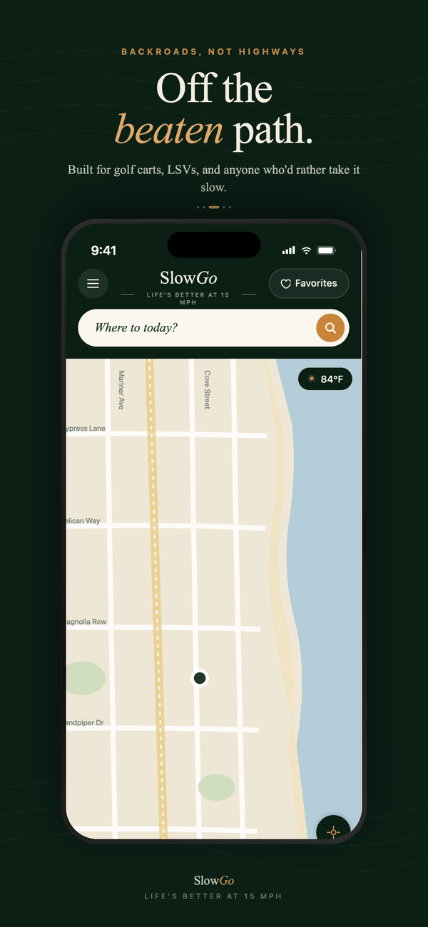 SlowGo home screen: a search field reading 'Where to today?', a Favorites button, and a street map of cart-friendly roads.