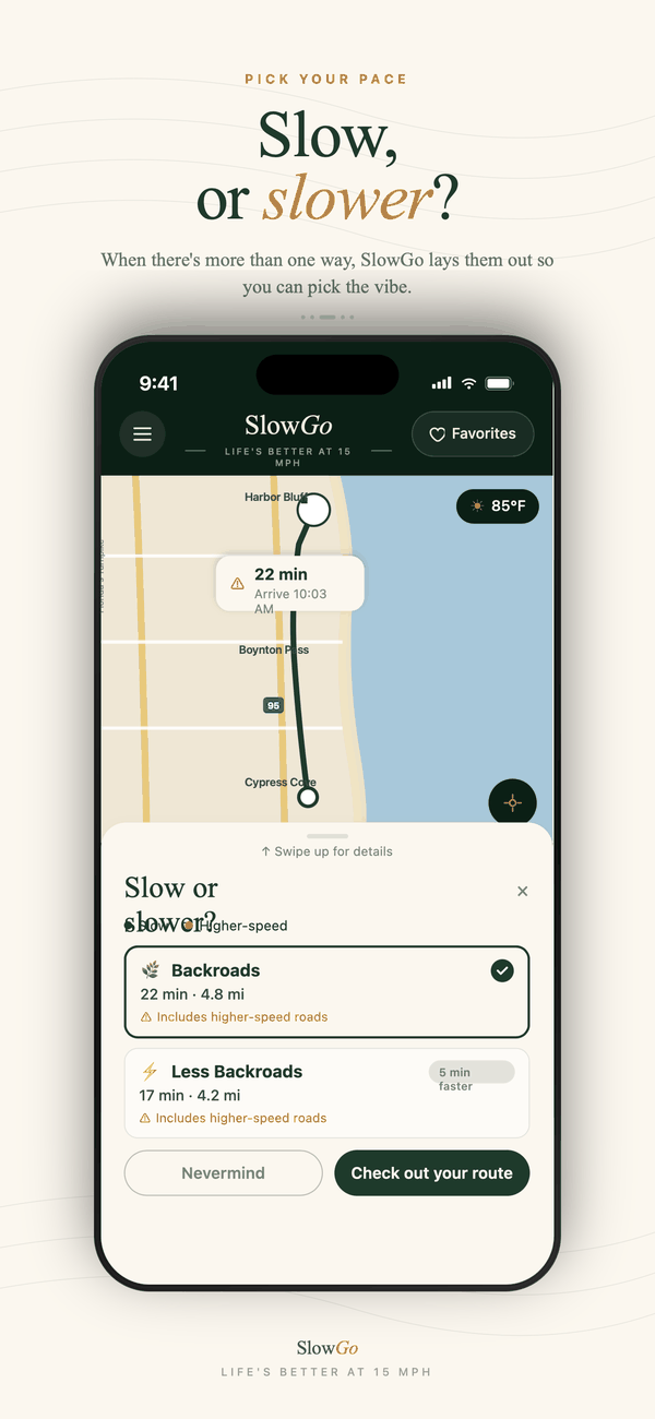SlowGo route picker titled 'Slow or slower?' offering two options — Backroads at 22 minutes and Less Backroads at 17 minutes.